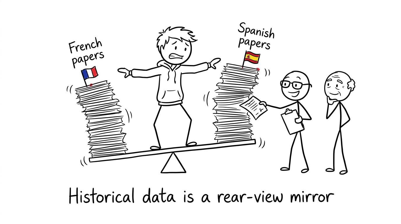 A student balancing French and Spanish papers while the examiner changes them each year