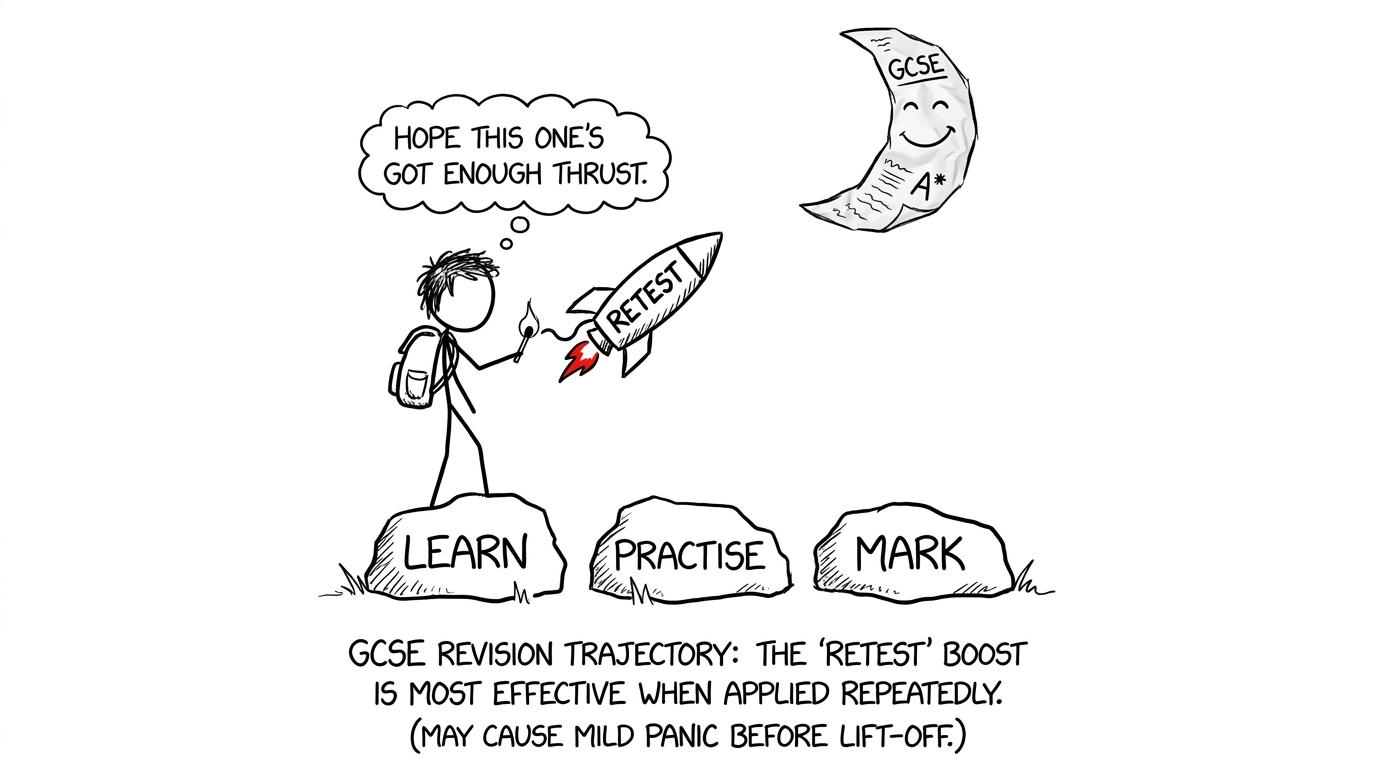 A revision rocket moves from learning and practice towards retesting