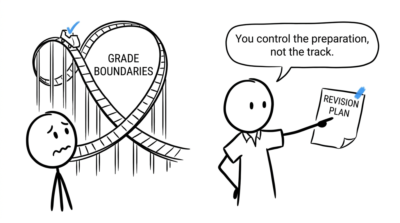 A student facing the grade-boundary rollercoaster while a teacher points towards a revision plan