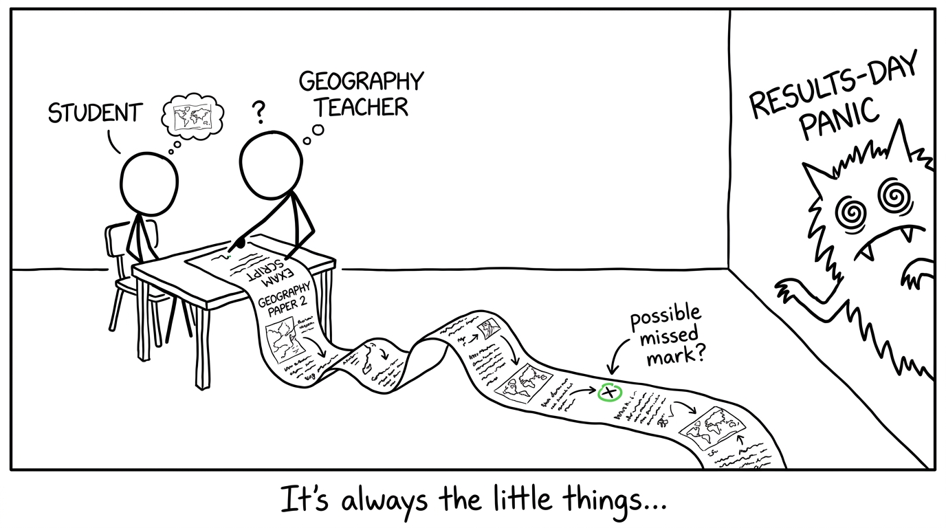 A teacher and student examining an exam script like a treasure map