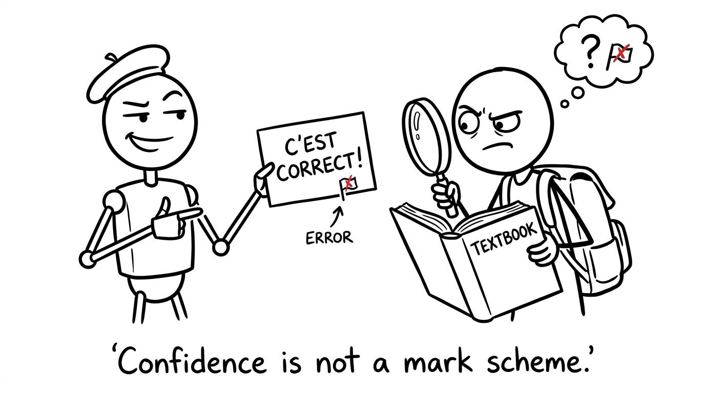 A confident robot gives French advice while a student checks it against a trusted book