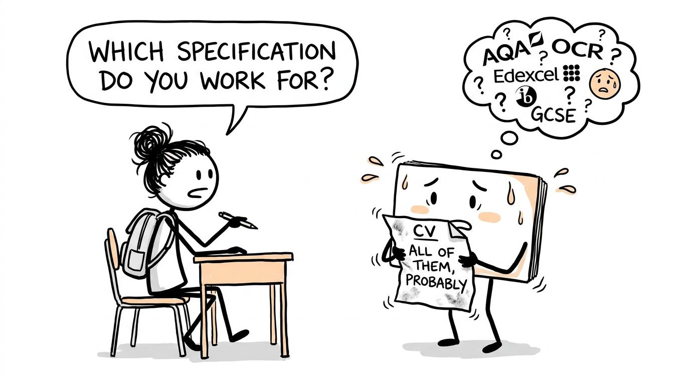 A student interviews a suspiciously vague flashcard about its exam-board credentials
