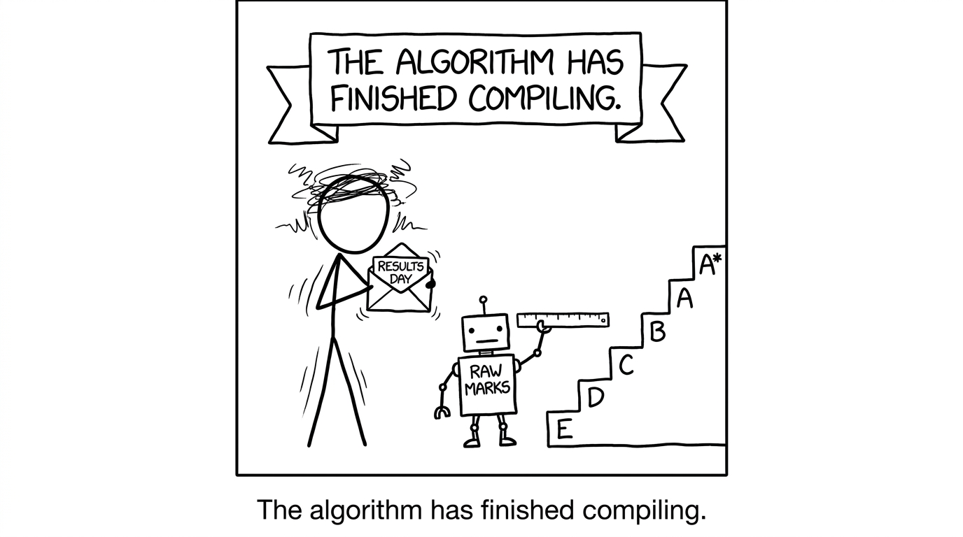A results-day student waits while a raw-marks robot finishes compiling the grades