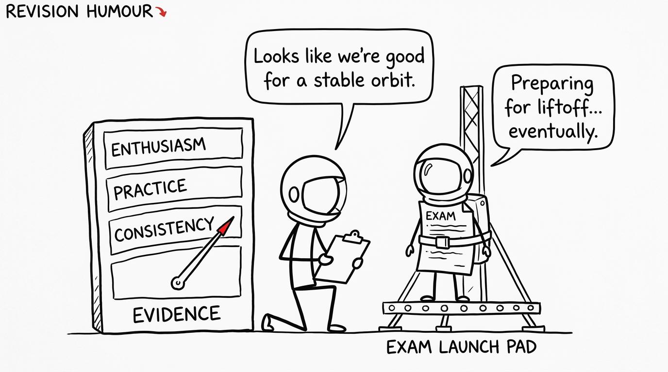 An exam paper waits on a launch pad while the evidence gauge approaches consistency