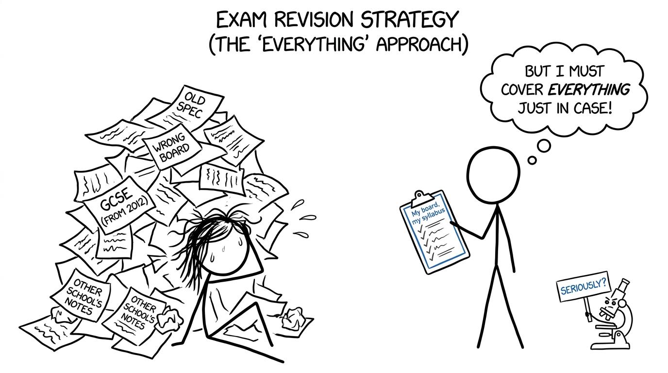 A calm student chooses one specification while another carries mismatched papers