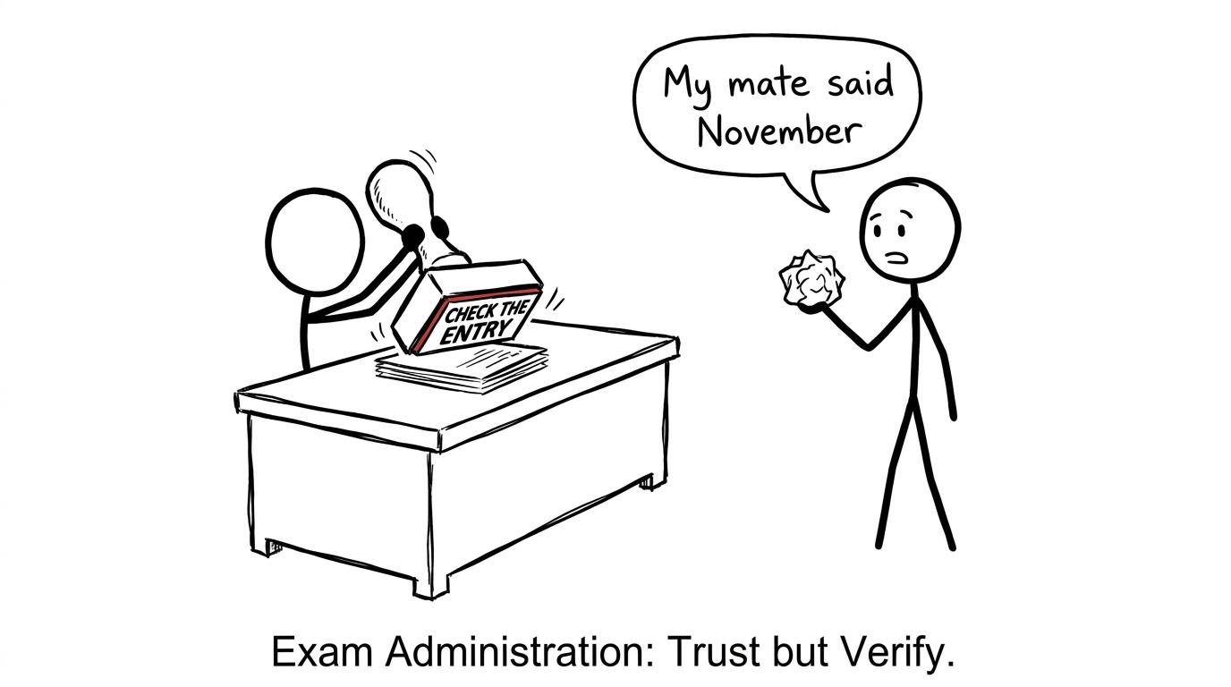An exams officer stamping CHECK THE ENTRY beside a GCSE rumour