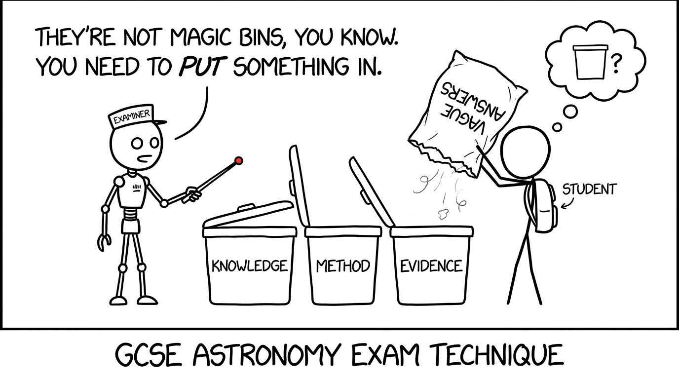 A robot examiner sorts useful marks while vague answers produce an empty bag