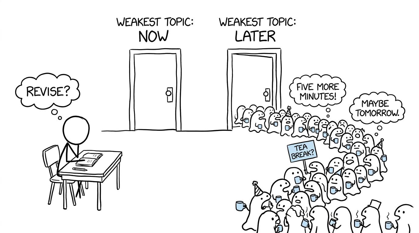 A student choosing between revising a weak topic now and joining the long queue for later