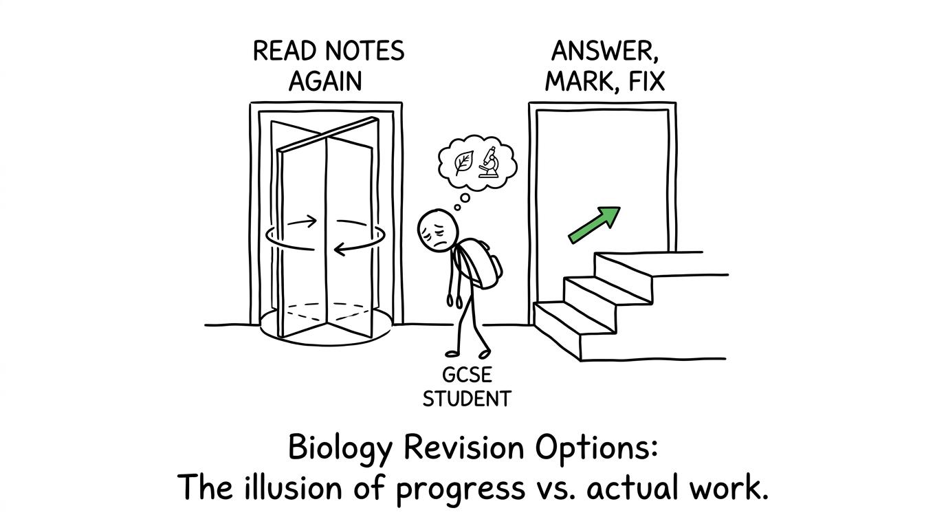 A student chooses between rereading notes and an answer-mark-fix staircase