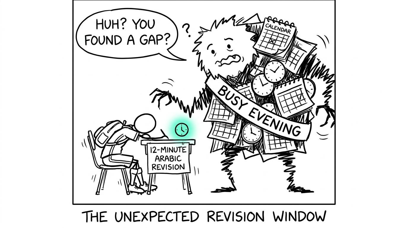 A student finding a tiny Arabic revision gap despite a busy evening