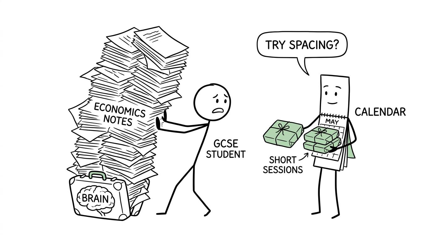 A student trying to cram notes into a tiny suitcase while a calendar offers short sessions