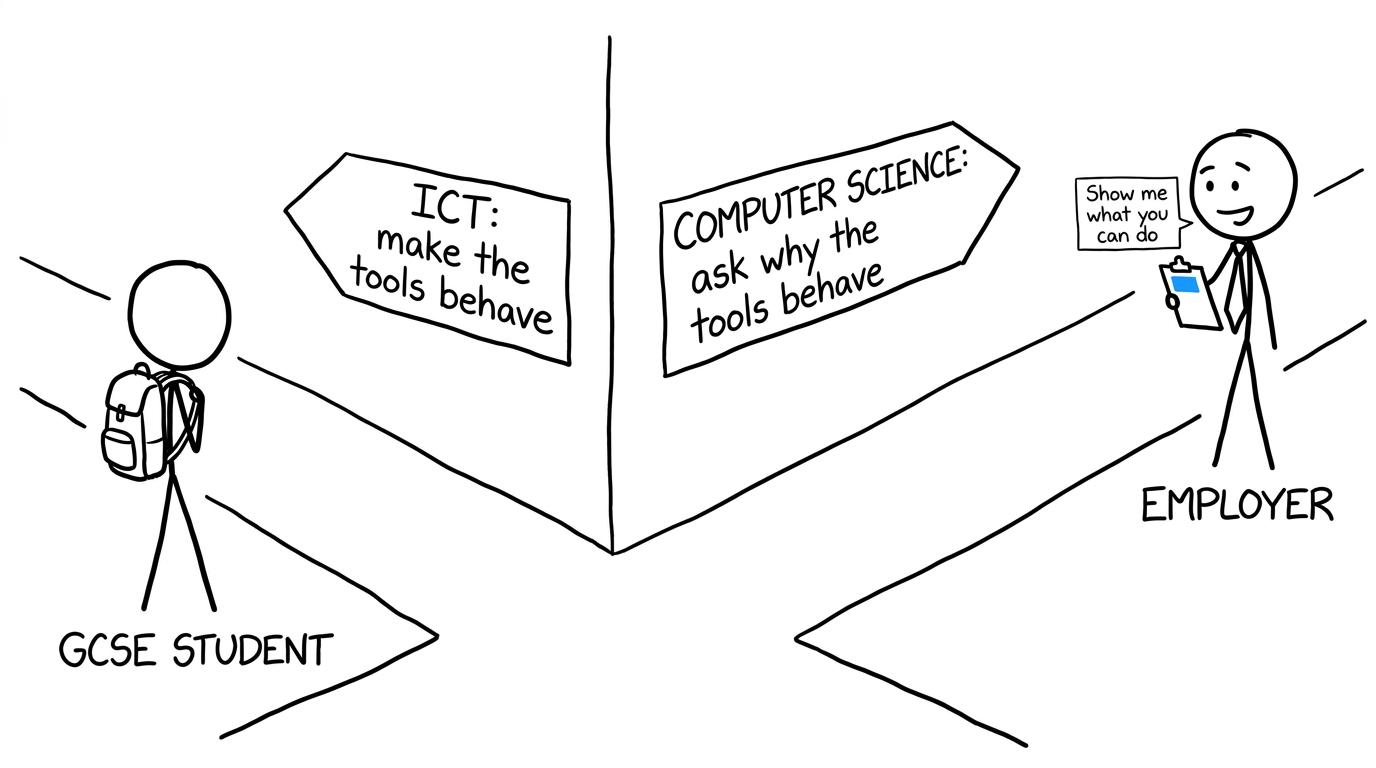 A student choosing between ICT and Computer Science while an employer asks for evidence of skills