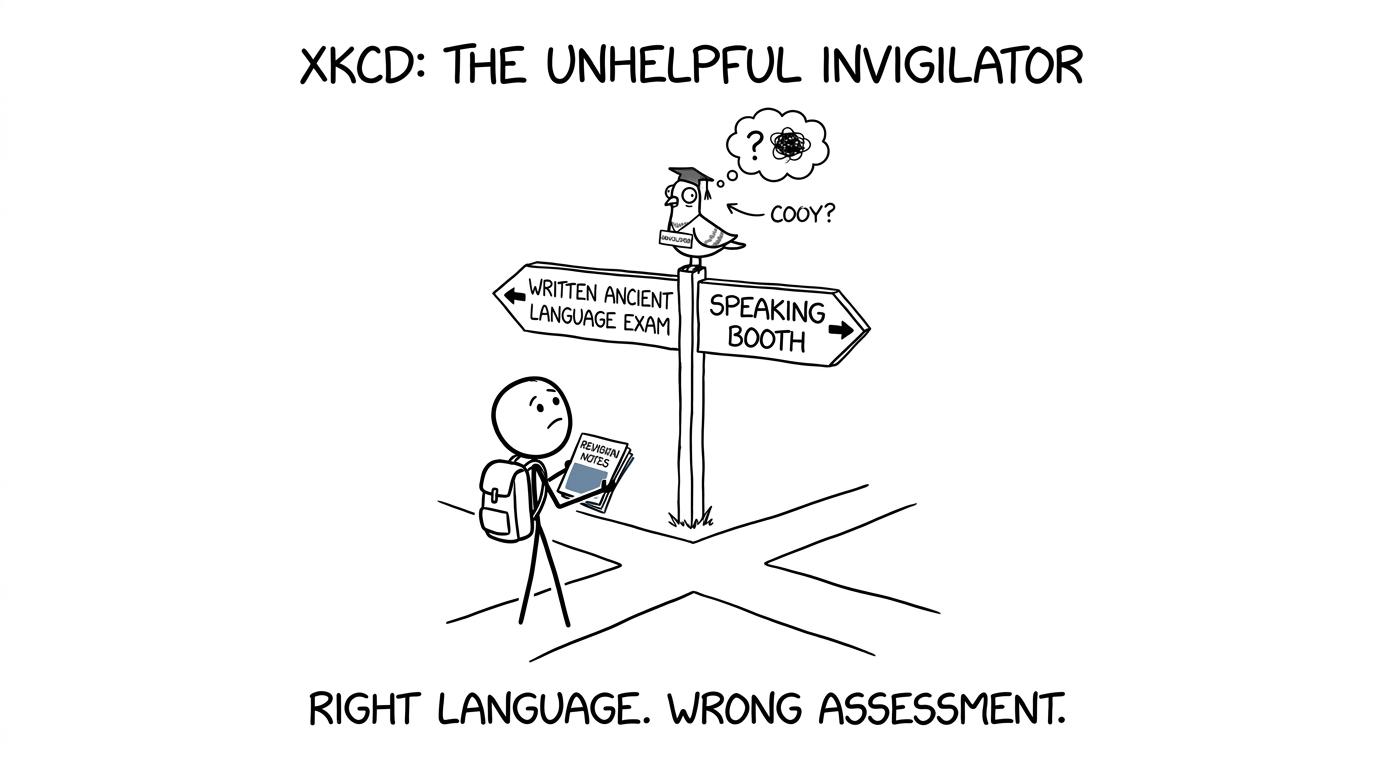 A student choosing between a written ancient-language exam and a speaking booth
