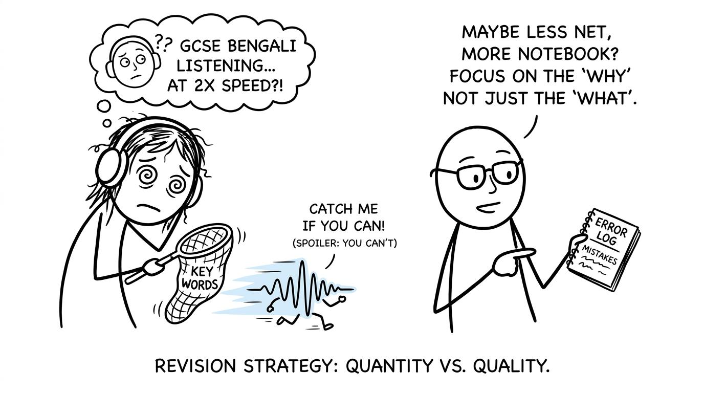 A student trying to catch fast-moving key words from a listening recording