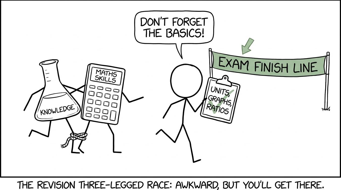 A chemistry beaker and calculator attempting a three-legged race towards an exam