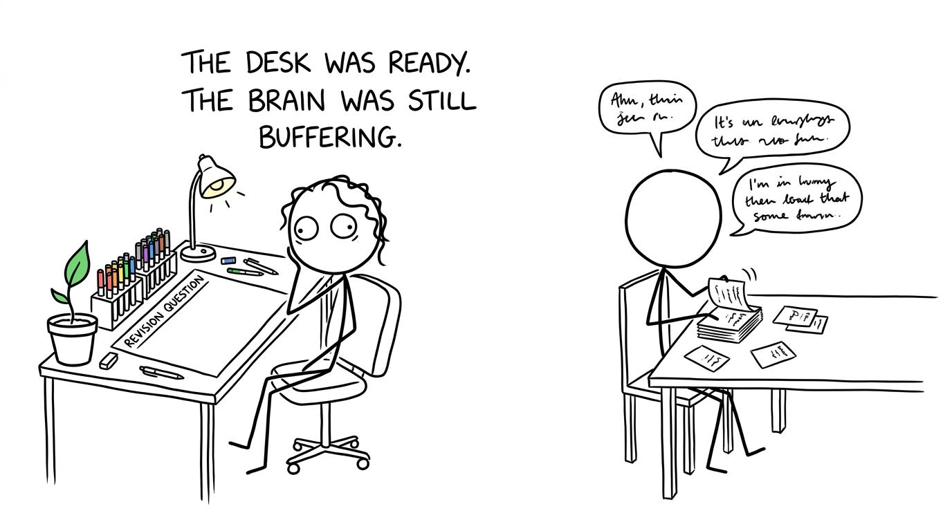 A polished revision desk waits while active revision happens at a plain table