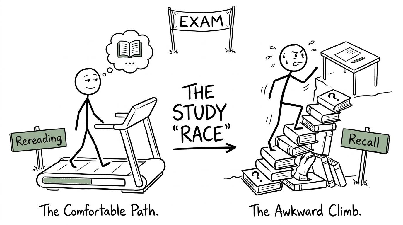 A comfortable rereading treadmill competes with an awkward recall staircase