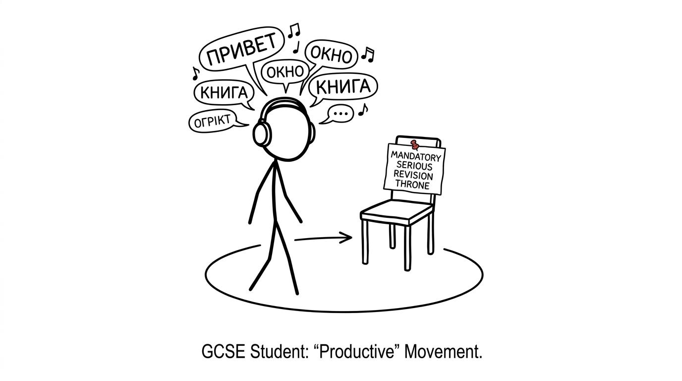 A student walking while practising Russian as an empty chair waits for serious revision
