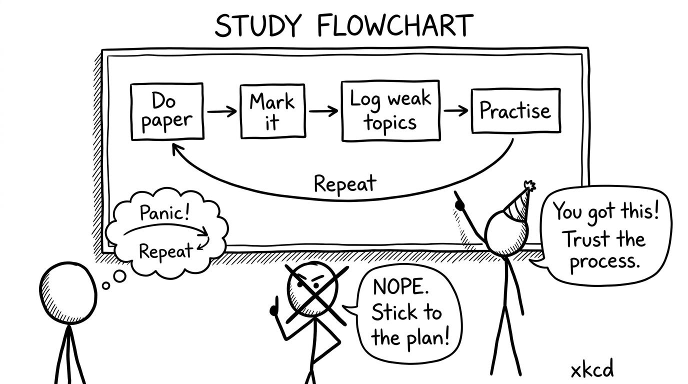 A flowchart showing “Do paper -> Mark it -> Log weak topics -> Practise -> Repeat”, with a crossed-out “Panic” shortcut