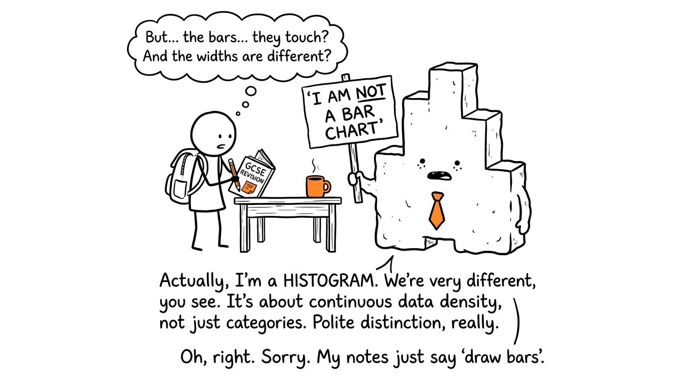 A histogram-shaped monster politely explains that it is not a bar chart