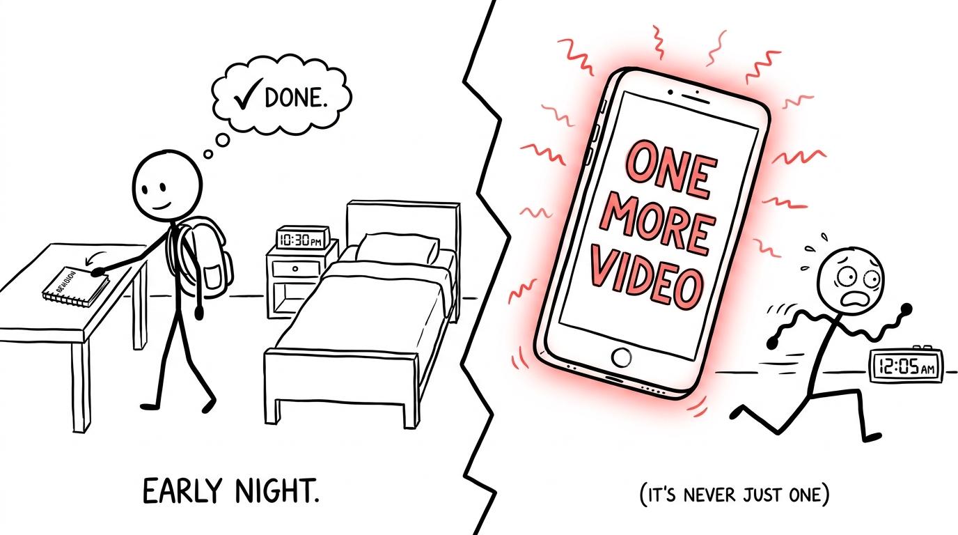 A calm student heads to bed while a giant phone offers one more video