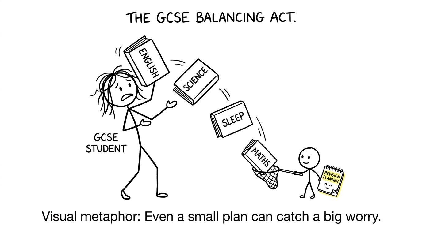 A revision planner rescues a falling maths book from an overloaded student