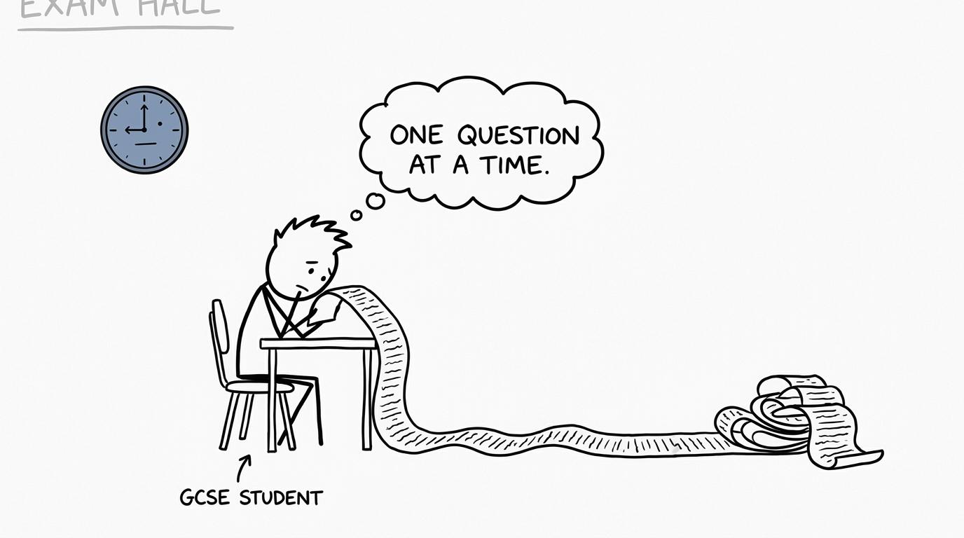 A student calmly facing a comically long exam paper one question at a time
