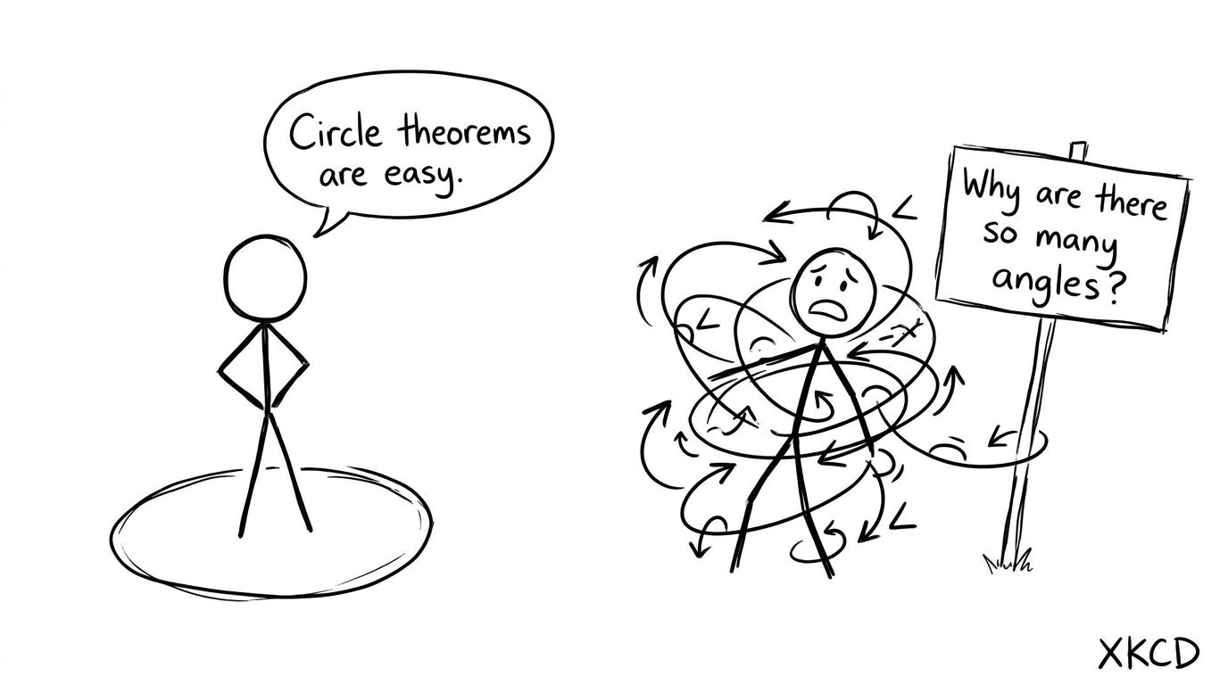 One student says circle theorems are easy while another is tangled in angle arrows