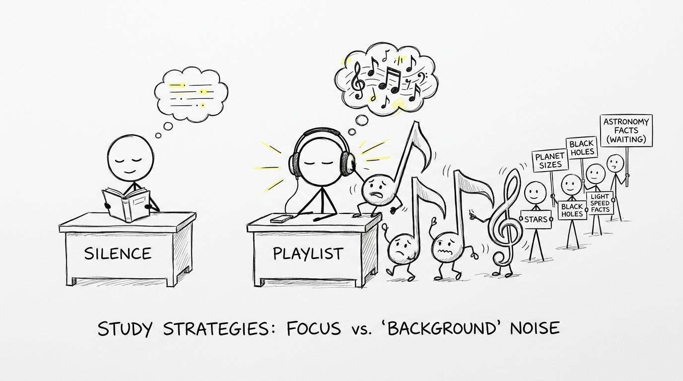 Musical notes queue behind astronomy facts trying to enter a student's brain