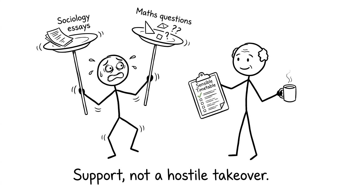 A student balances sociology and maths while a sibling offers a timetable rather than taking over