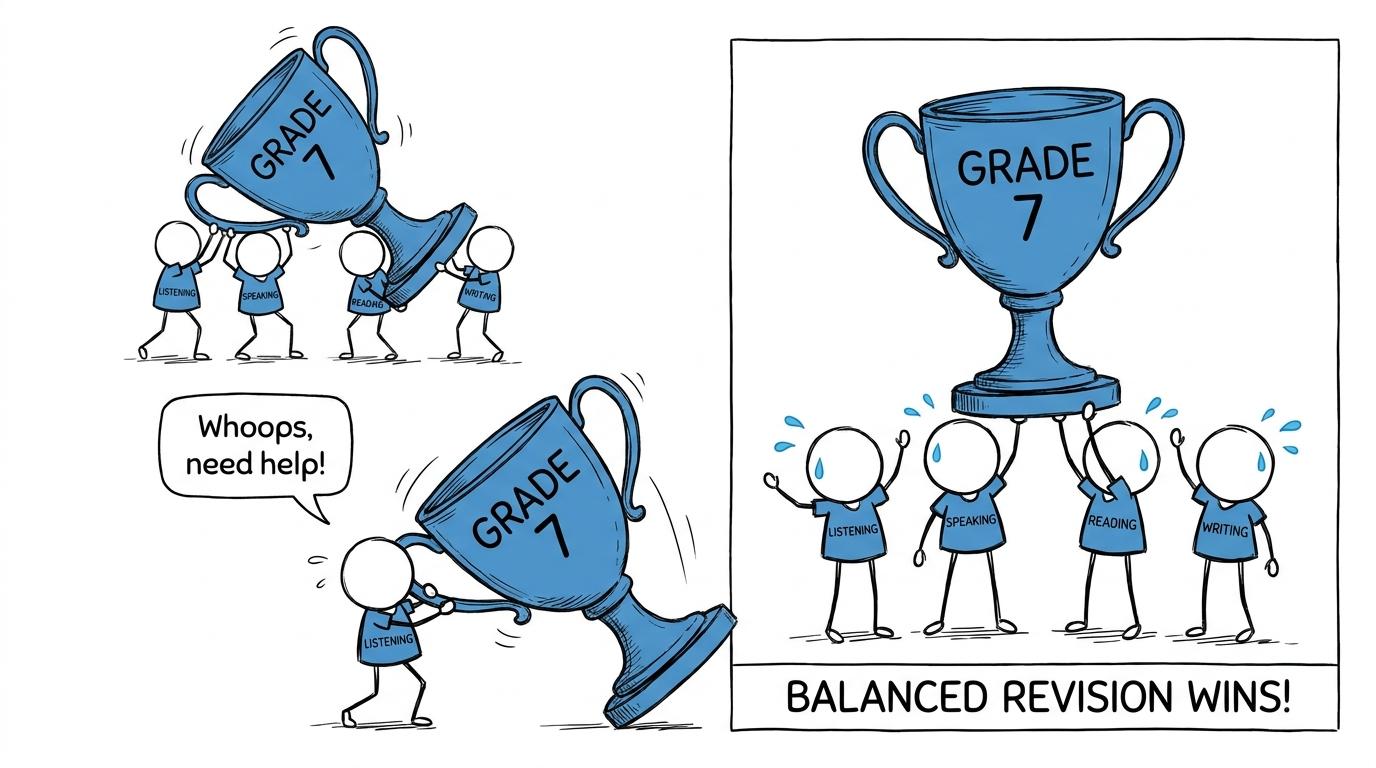 Four exam skills balancing a grade trophy