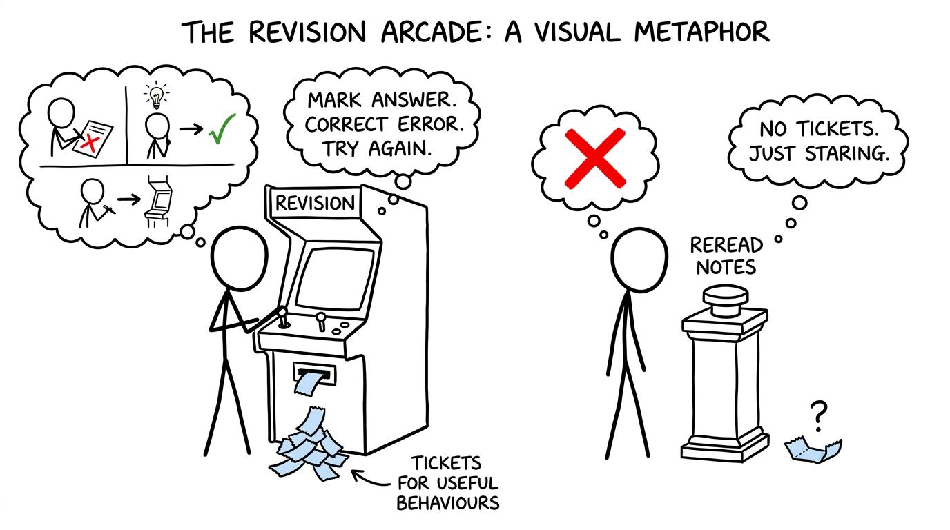 A revision arcade rewards marking, correcting and trying again