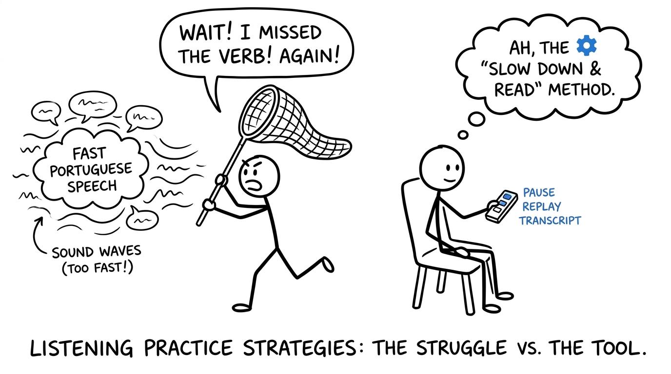 One student chases fast speech while another uses pause, replay and a transcript