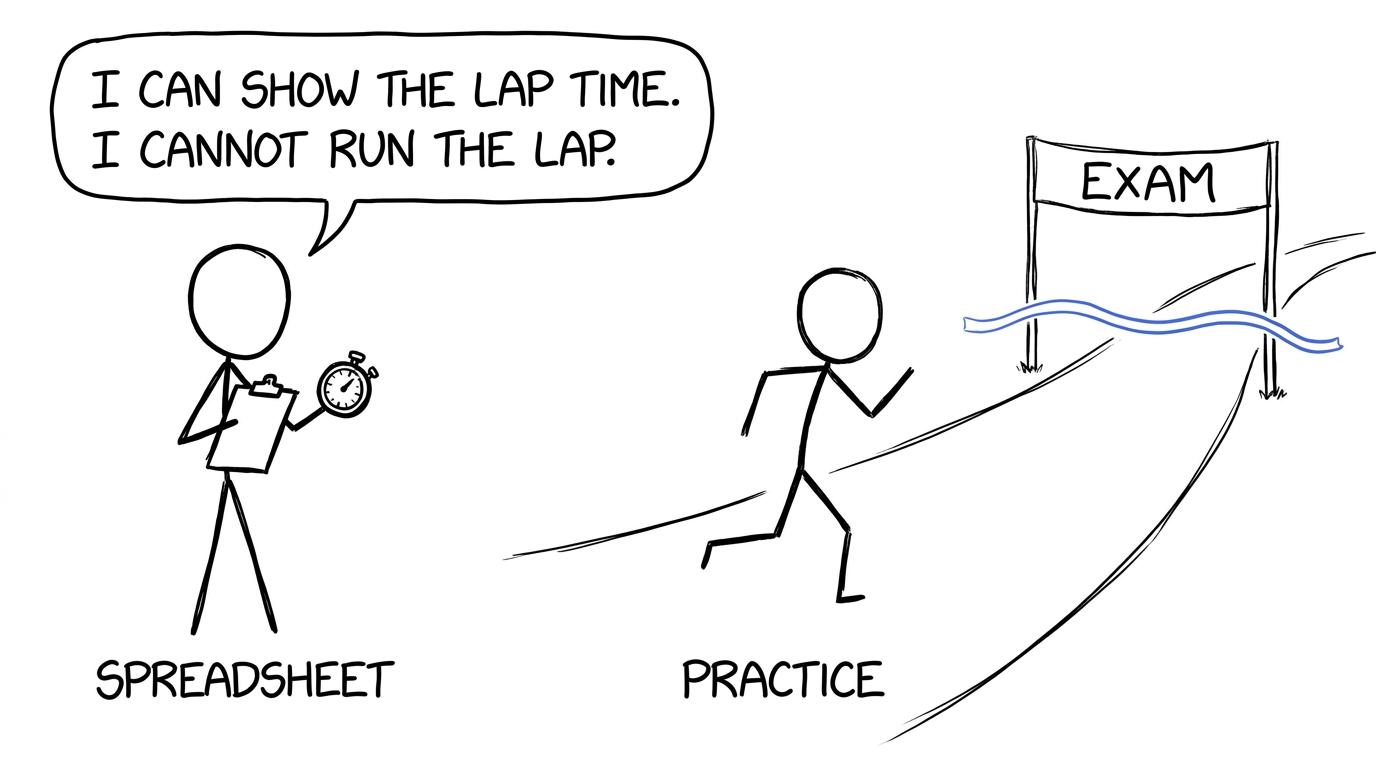 A spreadsheet coach watches while practice runs towards the exam