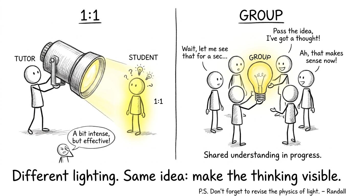 One-to-one and group tutoring shown as two different ways to illuminate thinking