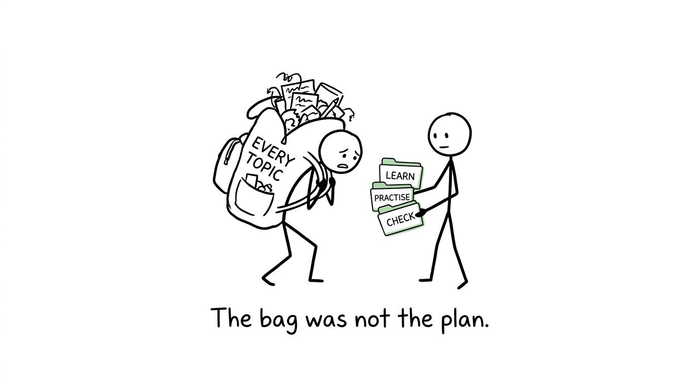 A student replacing an overloaded revision bag with a simple system