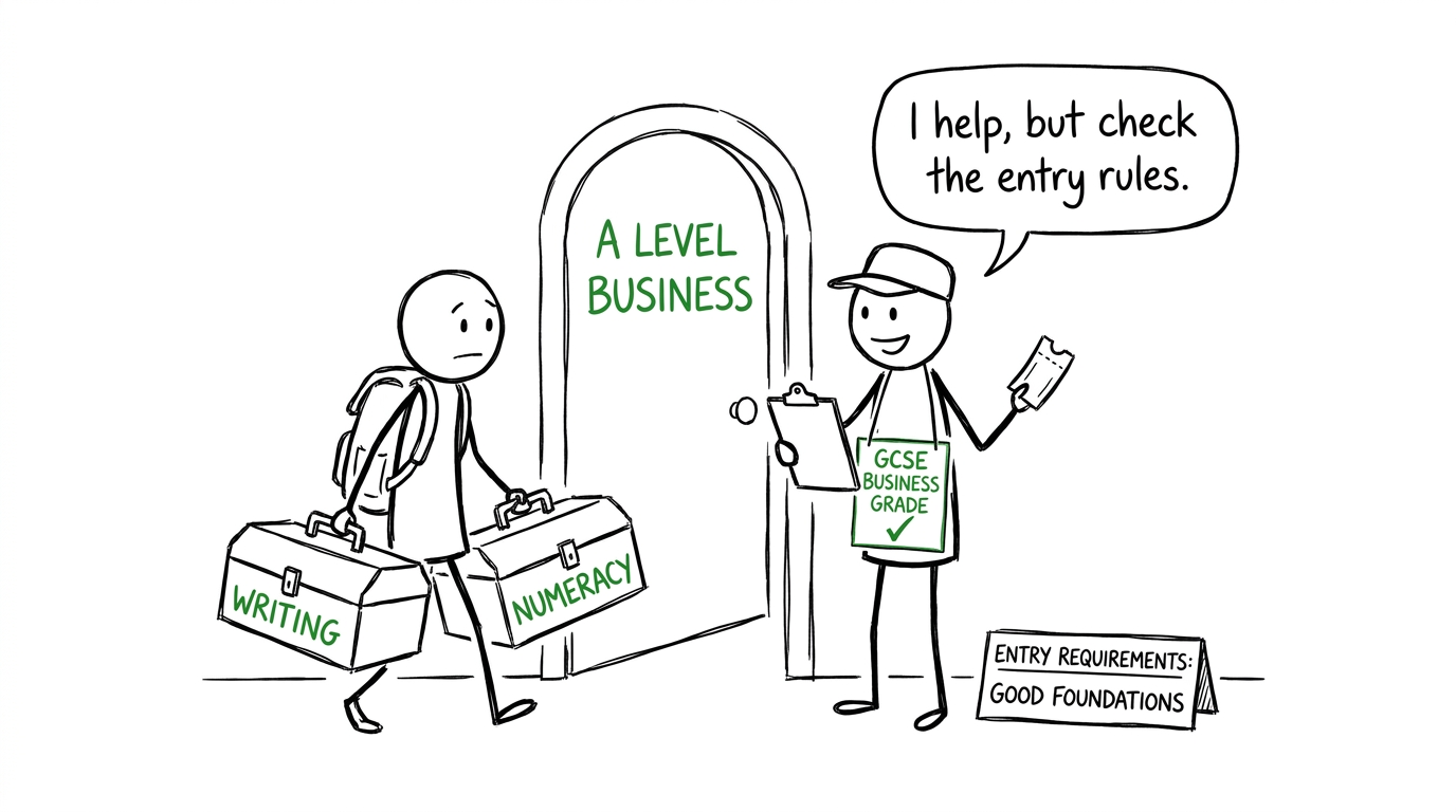 A student brings writing and numeracy toolboxes to the door of A Level Business