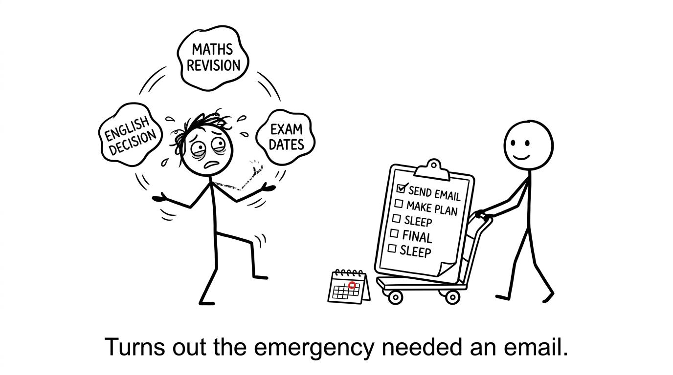 A student juggles an English decision, maths revision and exam dates while the solution arrives on a checklist