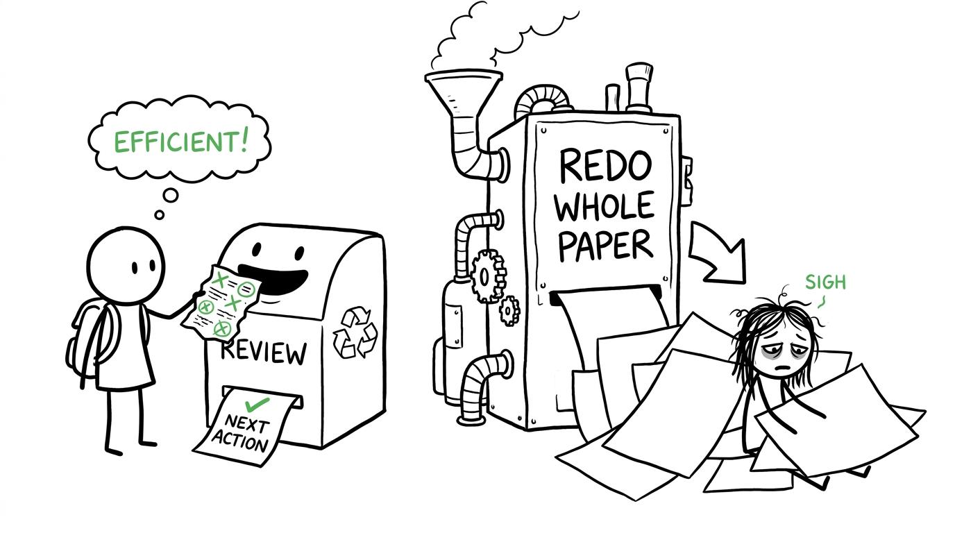 A revision machine turning marked errors into clear next actions