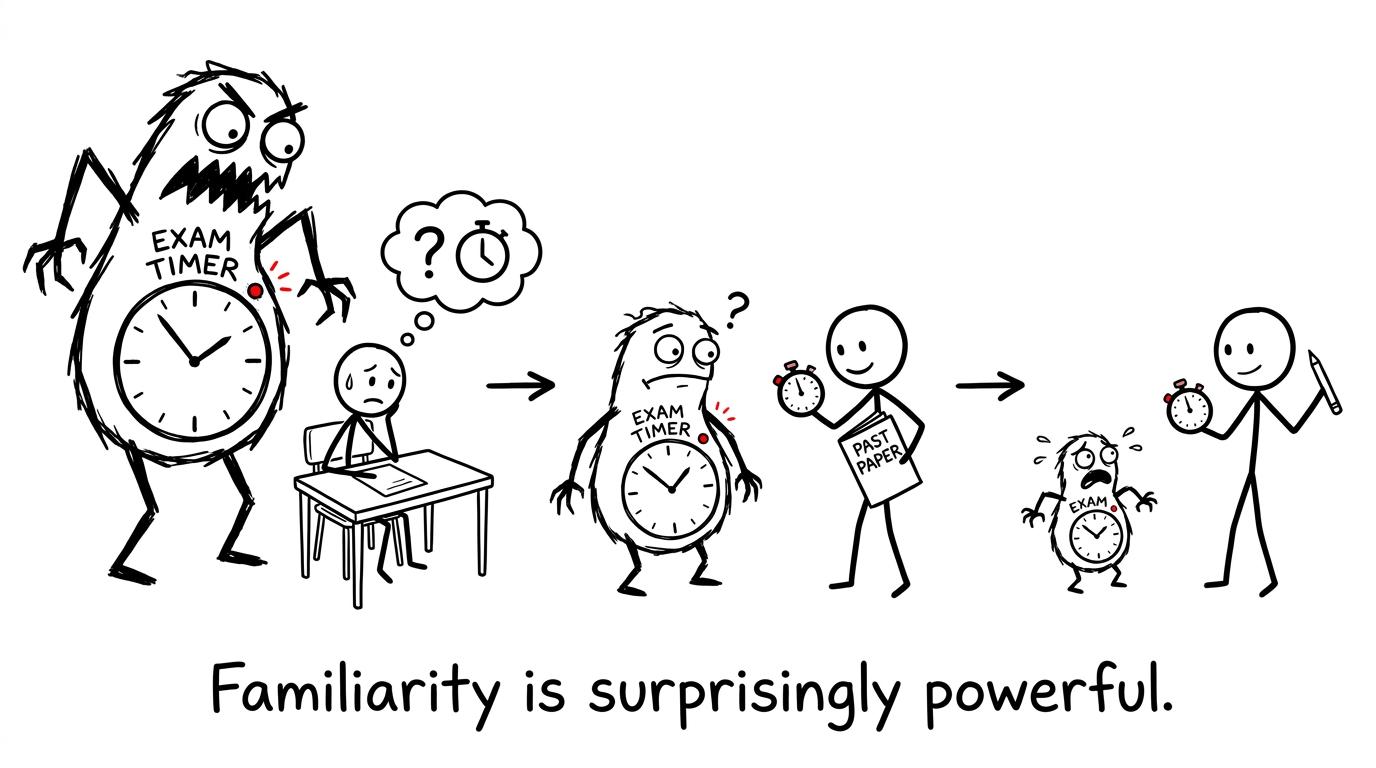 A once-intimidating exam timer shrinks as a student gains familiarity through timed practice