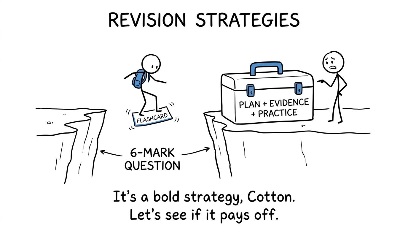 A flashcard discovering that a longer exam question needs a full revision toolbox