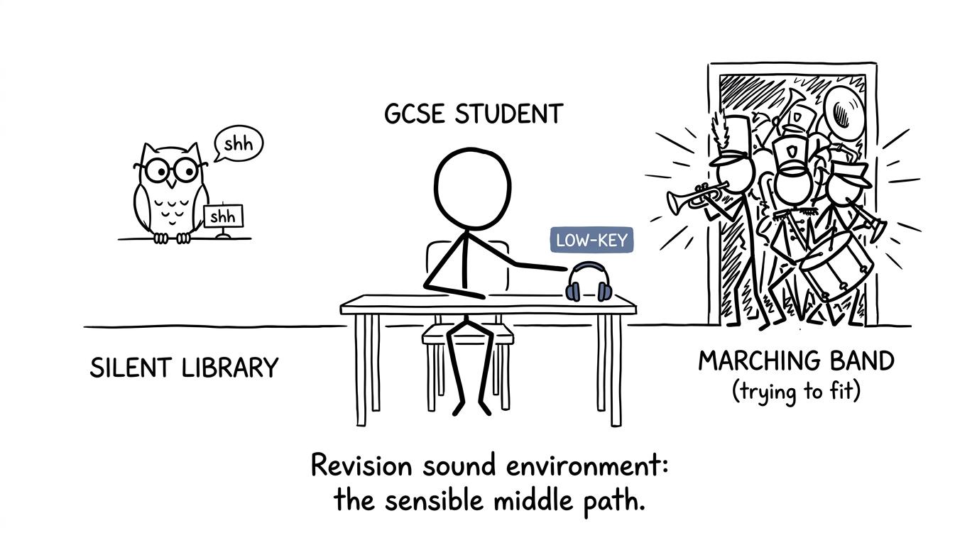 A student choosing between an impossibly silent library and a bedroom marching band