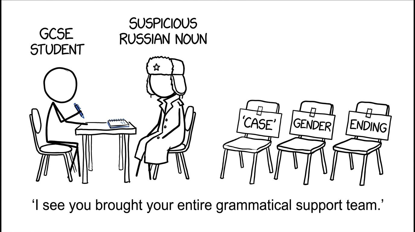 A Russian noun arriving with its grammatical support team