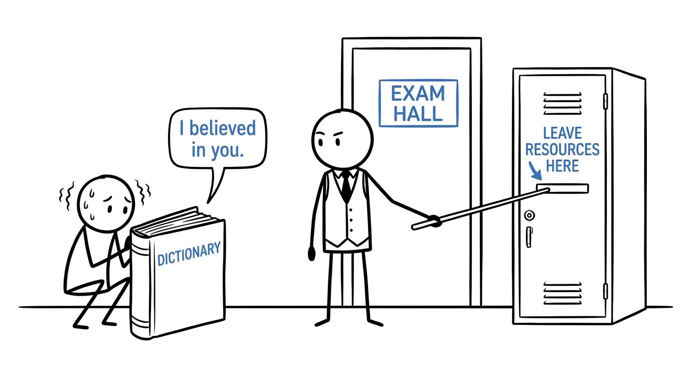 A dictionary offers emotional support before being left outside the exam room