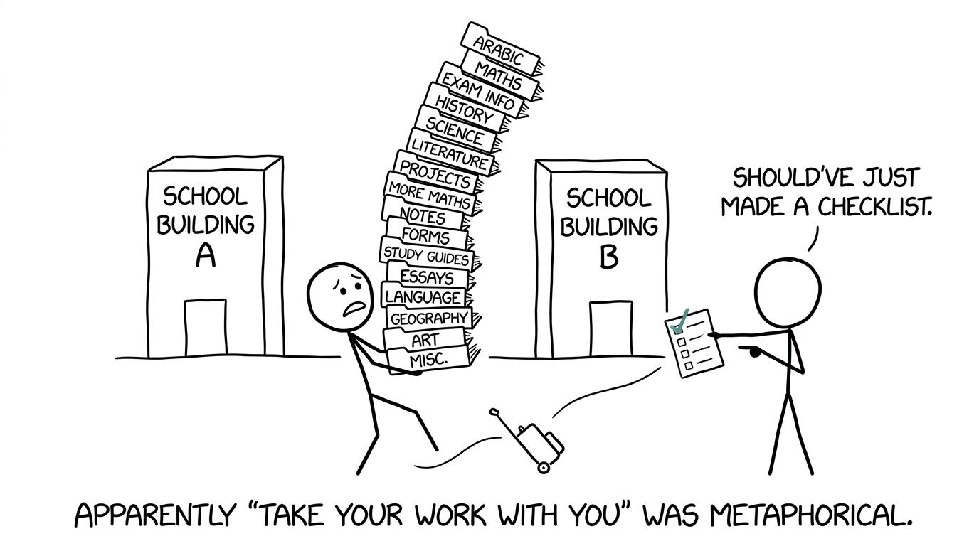 A student discovers that taking schoolwork to a new school does not require carrying every folder at once