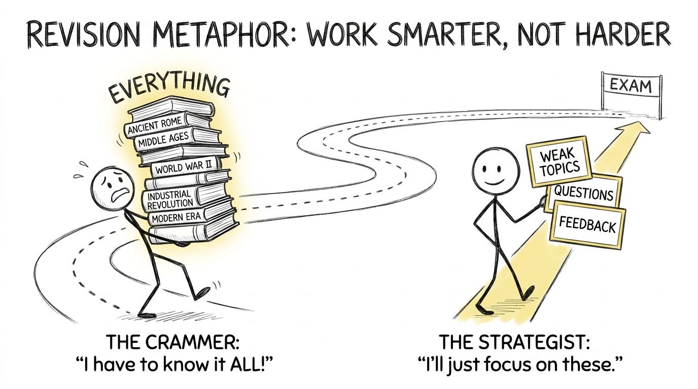 One student carries everything while another takes a focused revision shortcut