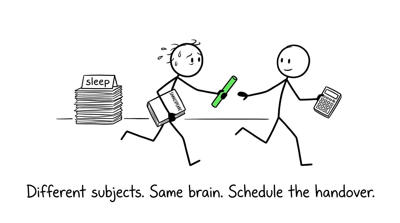 Literature and maths revision pass the baton while sleep waits behind them