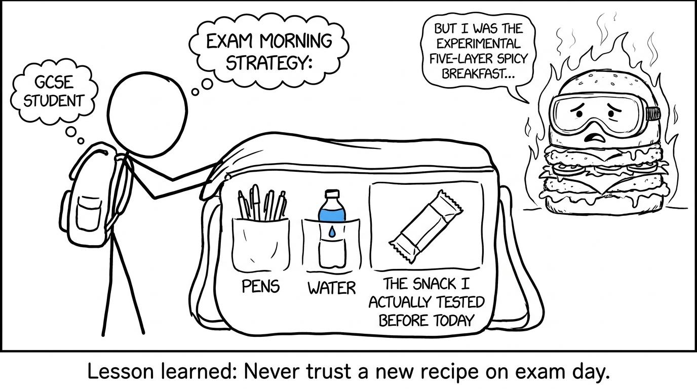 A familiar snack is packed while an experimental breakfast waits in safety goggles