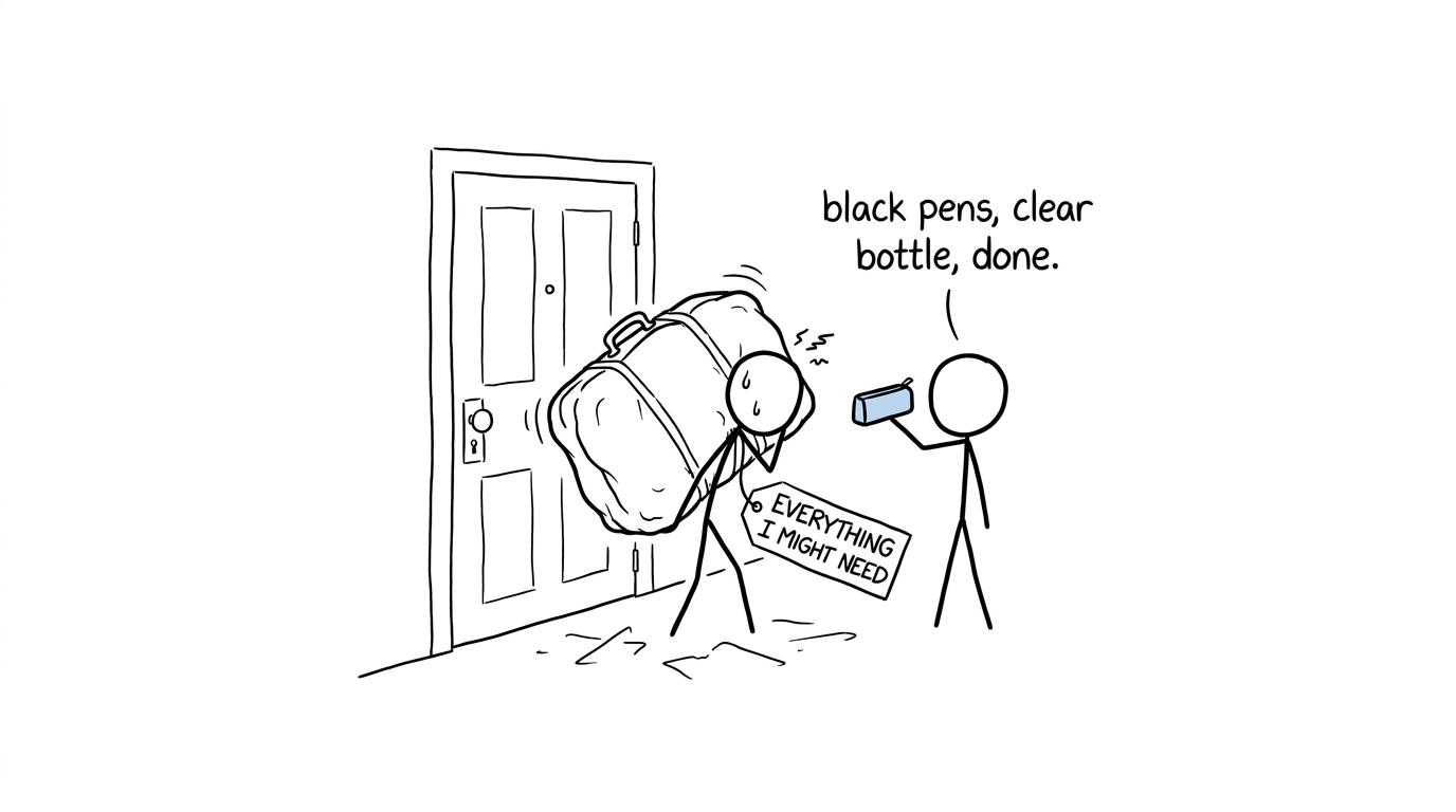 A student discovers that a tiny exam pencil case is more useful than an enormous suitcase