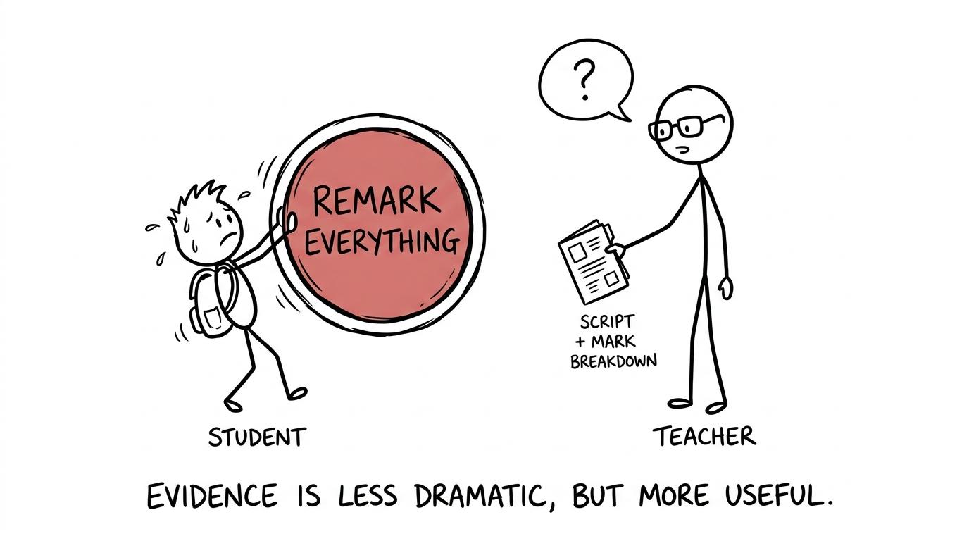 A dramatic remark button loses out to the much more useful script and mark breakdown